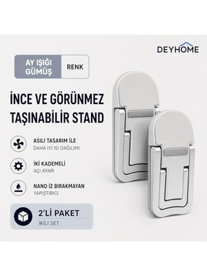 Hakay Taşınabilir Laptop Standı, Gümüş, Nano Yapışkanlı, Isı Dağıtıcı, 2 Kademeli Açı Ayarlı, 2'li Set
