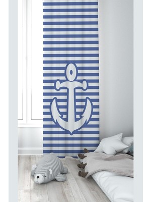 Hakay Pelangi Beyaz Mavi Çapa Desenli Dijital Baskı Yıkanabilir Bebek Çocuk Odası Fon Perdesi, Indigo Mavi-Beyaz 70 x 200
