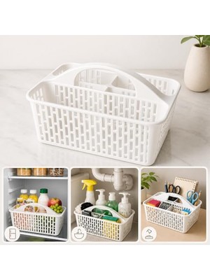 Hakay 3 Bölmeli Kulplu Organizer Sepet, Çok Amaçlı Beyaz Plastik Düzenleyici, Buzdolabı Içi, Lavabo Altı, Mutfak Dolabı, Banyo ve Masaüstü Için Taşınabilir Saklama Sepeti