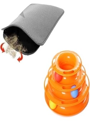 Hakay Tineke 2 Li Set Tower Of Tracks Kedi Oyuncağı + Elekli Kedi Tuvalet Paspası (Gri)