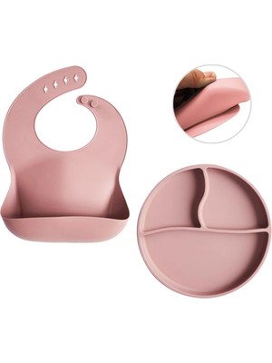 Hakay Meleni Baby 2'li Silikon Bebek Beslenme Seti - Vakum Tabanlı Mama Tabağı Ayarlanabilir Silikon Mama Önlüğü Pembe