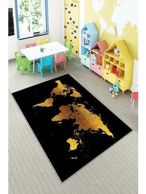 Hakay Pelangi Siyah Gold Dünya Işlemeli Yıkanabilir Kaymaz Taban Leke Tutmazbebek ve Çocuk Odası Halısı, Siyah-Gold 160 x 250