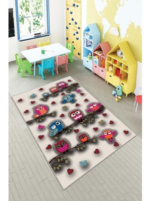 Hakay Pelangi Krem Kuş Desenli Çocuk Yıkanabilir Kaymaz Taban Leke Tutmaz Çocuk Odası Halısı, Krem 80 x 200, 90135705180200