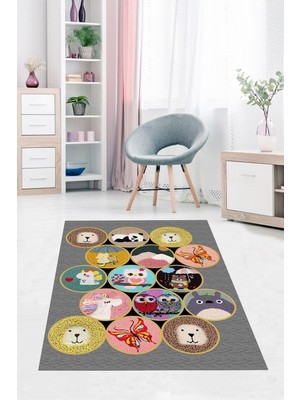 Hakay Pelangi Animal Desenli Hayvan Figürlü Dijital Baskılı Yıkanabilir Kaymaz Taban Çocuk Odası Halısı, Karışık Renkli 100 x 300