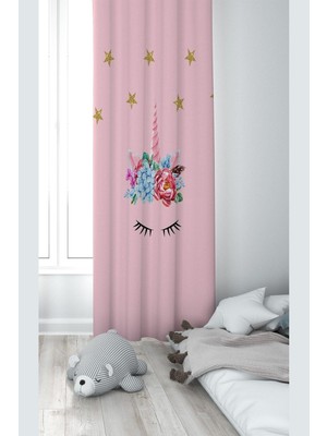 Hakay Pelangi Pembe Kedi Desenli Dijital Baskı Yıkanabilir Bebek Çocuk Odası Fon Perdesi, Toz Pembe 70 x 270
