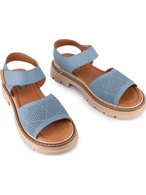 Emel Ayakkabı  Hakiki Deri Lazer Baskılı Ledy Modern Sandalet Kot Mavi 09-Ln-34