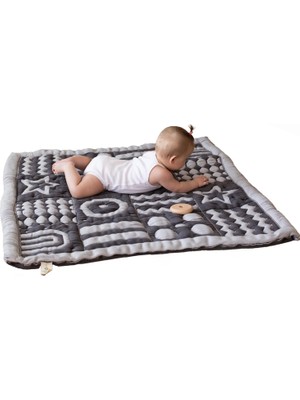 Hakay Little Dedi 3D Yumuşak Organik Pamuk Emekleme Battaniyesi - Gots Sertifikalı, 101,6 x 101,6 cm Gri/mavi Montessori Tasarımı, Motor Beceri Geliştirme Için, Tersine Çevrilebilir, Gevşek Iplik Yok