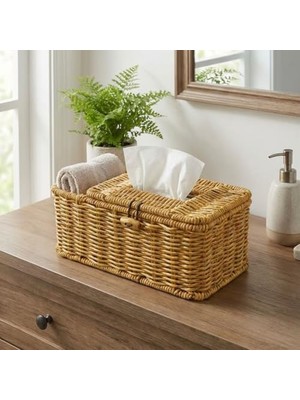Hakay Buffer Bölmeli Kapaklı Doğal Rattan Görünümlü Hasır Organizer Sepet, Peçetelik, Makyaj ve Takı Düzenleyici, Plastik, 24X10X10 cm