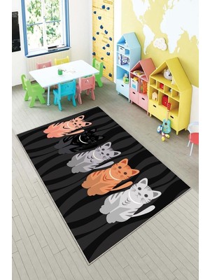 Hakay Pelangi Siyah Kedi Desenli Çocuk Yıkanabilir Kaymaz Taban Leke Tutmazbebek ve Çocuk Odası Halısı, Siyah 120 x 200, 901357132120200