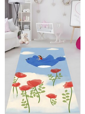 Hakay Pelangi Uçan Kuş ve Kız Yıkanabilir Kaymaz Taban Leke Tutmaz Çocuk Odası Halıs, Kırmızı-Mavi 120 x 160