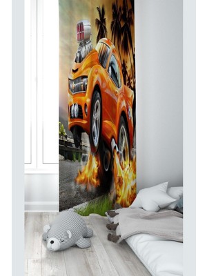 Hakay Pelangi Turuncu Araba Desenli Dijital Baskı Yıkanabilir Bebek Çocuk Odası Fon Perdesi, Turuncu 140 x 270