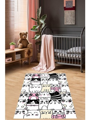 Aesco Pelangi Kedi Desenli Halı Kedili Halı Dijital Baskı Yıkanabilir Kaymaz Taban Çocuk Odası Halısı, Beyaz 80 x 50