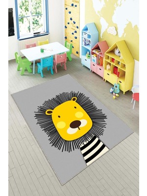 Hakay Pelangi Gri Aslan Desenli Yıkanabilir Kaymaz Taban Leke Tutmazbebek ve Çocuk Odası Halısı, Gri-Sarı 160 x 230