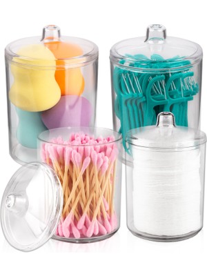 Aesco Milano Home Qtip Tutucu, Makyaj Makyaj Düzenleyici Depolama, Kapaklı Şeffaf Plastik Eczacı Kavanozları, Banyo Pamuklu Çubuk Dispenseri, 2X10OZ ve 2X7OZ, 4'lü Paket, Kahverengi Ahşap Kapaklar,