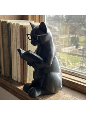 Hakay Entelektüel Kedi Dekoratif Biblo - Kitap Okuyan Kedi Heykelciği - Kütüphane ve Raf Aksesuarı - Kedi Severlere Özel Hediyelik Figur