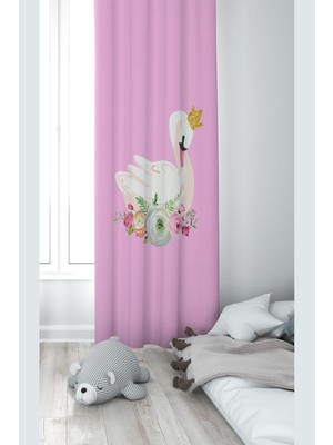 Hakay Pelangi Pembe Kuğu Desenli Dijital Baskı Yıkanabilir Bebek Çocuk Odası Fon Perdesi, Açık Pembe-Beyaz 70 x 200