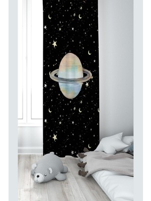 Hakay Pelangi Siyah Uzay Desenli Dijital Baskı Yıkanabilir Bebek Çocuk Odası Fon Perdesi, Siyah-Sarı 140 x 240