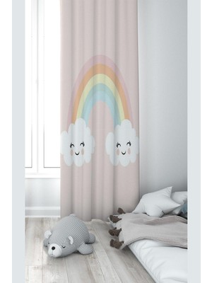 Hakay Pelangi Pembe Bulut ve Gök Kuşağı Desenli Dijital Baskı Yıkanabilir Bebek Çocuk Odası Fon Perdesi, Açık Pembe 70 x 270