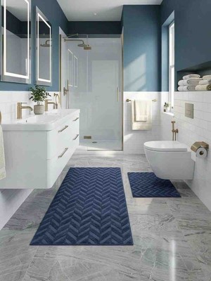 Premium 2'li Lacivert Zikzak Desenli Kaymaz Tabanlı Banyo Paspas Takımı ( 60 x 100 / 50 x 60)