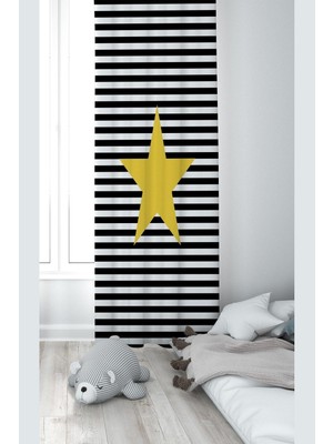 Hakay Pelangi Sarı Yıldız Desenli Dijital Baskı Yıkanabilir Bebek Çocuk Odası Fon Perdesi, Siyah-Sarı 140 x 240
