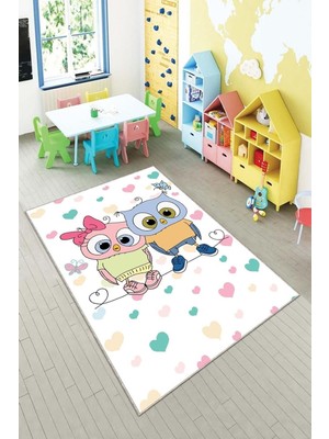 Hakay Pelangi Beyaz Kalp ve Kuş Deseni Yıkanabilir Kaymaz Taban Leke Tutmazbebek ve Çocuk Odası Halısı, Beyaz-Mavi 120 x 160, 901357098120160