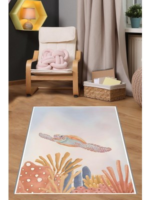 Hakay Pelangi Denizaltı Caretta Caretta Kaplumbağa Yıkanabilir Kaymaz Taban Leke Tutmaz Çocuk Odası Halısı, Mavi-Turuncu 100 x 300