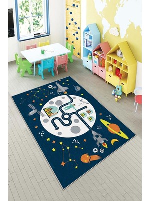 Hakay Pelangi Lacivert Uzay ve Astranot Desenli Yıkanabilir Kaymaz Taban Leke Tutmazbebek ve Çocuk Odası Halısı, Lacivert 80 x 600