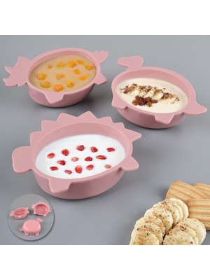 Hakay Meleni Baby 3'lü Hayvan Figürlü Silikon Bebek Mama Kasesi Seti - Şekilli Bebek Beslenme Kasesi Pembe