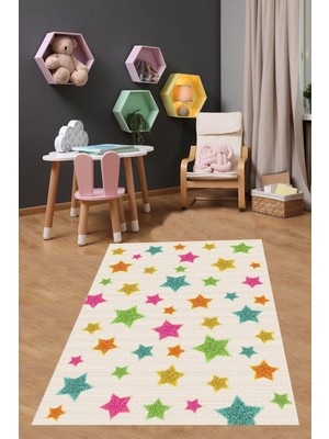 Hakay Pelangi Renkli Yıldızlar Yıkanabilir Kaymaz Taban Leke Tutmaz Çocuk Odası Halısı, Beyaz-Pembe-Yeşil-Sarı-Turuncu 100 x 150, 9038680030100150