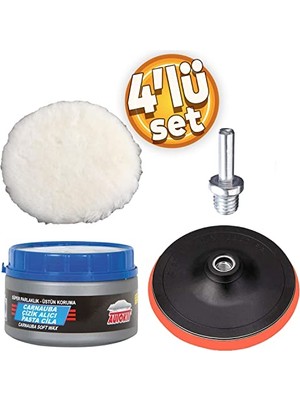 Hakay Pasta Cila Polisaj Parlatma Yünü Pedi Keçesi SÜNGERI+115 mm Cırt Taban+Matkap Aparatı+Oto Pasta Cila 300 gr (4'lü Set)