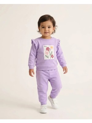 Kız Bebek Lila Çiçek Baskılı Omuz Fırfır Detaylı Sweatshirt ve Eşofman Altı 2 Parça Takım