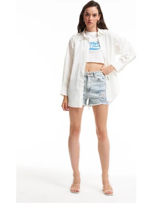 Quzu Oversize Ekru Kadın Gömlek 11478