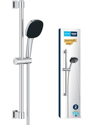 Hakay Grohe Vitalio Comfort 110 Sürgülü Duş Seti, 110MM Kare 2 Akışlı El Duşu, 600MM Sürgülü Ray, 1750MM Duş Hortumu, Duş Başlığı Seti, Krom, 26928001
