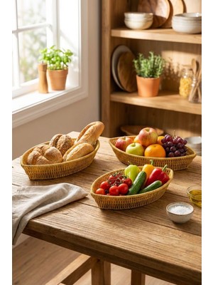 Aesco Buffer® Kayık Formlu Plastik Rattan Sepet Seti, Hasır Görünümlü, Ekmek Meyve Sunum Sepetleri, 3 Parça, Çok Amaçlı Organizer, 27X15X5 Cm, 30X18X5 Cm, 33X20X5 cm