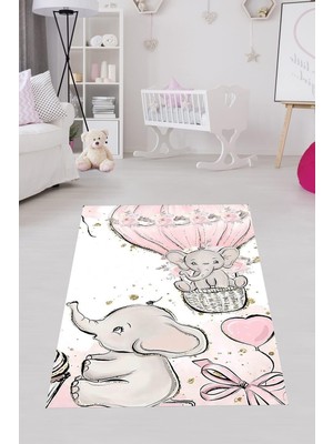 Hakay Pelangi Filli Uçan Balonlu Kalpli Dijital Baskı Yıkanabilir Kaymaz Taban Fil Desenli Bebek Odası Halısı, Karışık Renkli 80 x 200