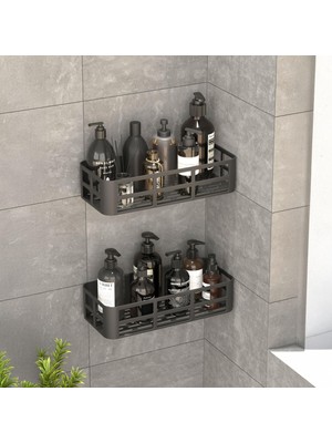 Aesco Deconox 2'li Set Siyah Yapışkanlı Banyo Duş Rafı - 27X12 cm Matkapsız Montaj Şampuanlık ve Mutfak Baharatlık Organizeri