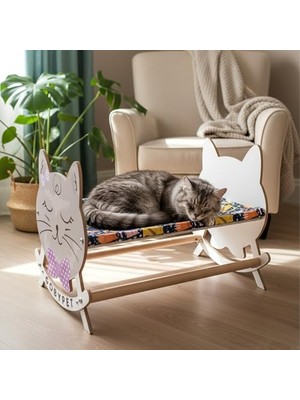 Aesco Gobypet Ahşap Sallanan Kedi Beşiği – Sevimli Kedi Figürlü, Minderli, Dekoratif Dinlenme Yatağı (Lacivert)