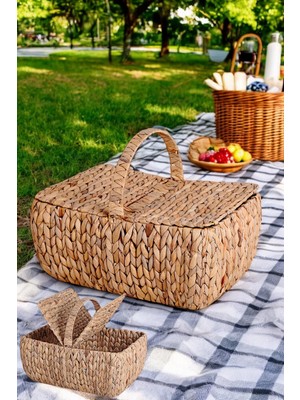 Aesco Deconox El Yapımı Su Sümbülü Kapaklı Büyük Boy Hasır Örme Piknik Sepeti Dikdörtgen - 46X30CM - 20-36CM