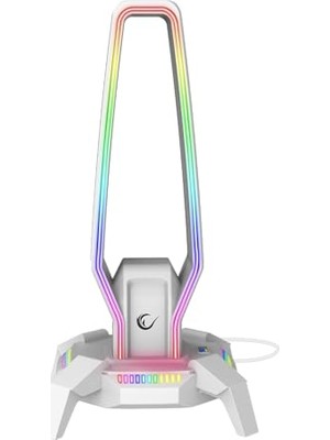 Aesco RM-H27 Igrıs Type-C Rgb Beyaz Kulaklık Standı, 3 USB 2.0 Portlu, 3.5 mm Ses Girişli Oyuncu Kulaklık Askısı