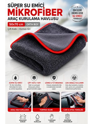 Aesco Süper Su Emici Özellikli Mikrofiber Araç Kurulama Havlusu 50X70 Cm, Orta Boy Çift Katlı Araç Kurutma ve Torpido Silme Bezi (Kırmızı-Gri)