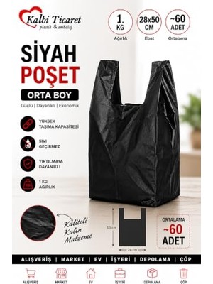 Aesco Kalın Siyah Poşet Orta Boy 1 kg Hışır Atlet Poşet Market Manav Poşeti Çöp Poşeti