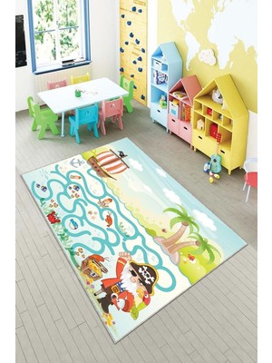 Aesco Pelangi Mavi Korsan ve Hazine Desenli Yıkanabilir Kaymaz Taban Leke Tutmazbebek ve Çocuk Odası Halısı, Yeşil-Mavi 80 x 500, 90135706980500