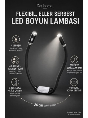 Aesco Deyhome 4 LED Esnek Boyun Okuma Lambası Pilli Eller Serbest Kitap Kamp Tamirat Işığı Siyah