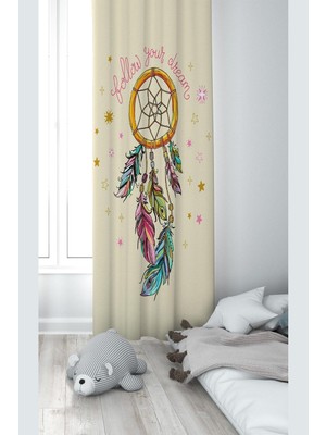 Aesco Pelangi Krem Dreamcatcher Desenli Dijital Baskı Yıkanabilir Bebek Çocuk Odası Fon Perdesi, Krem 70 x 200