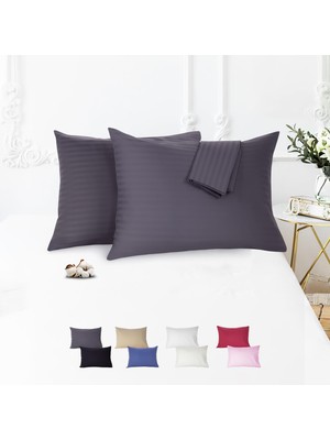 Aesco Vionel HOME%100 Pamuk Çizgili Saten Yastık Kılıfı | 50 x 70 cm 2'li | Paket (Antrasit)