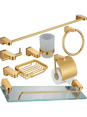 Frefly Store Ardini Lüx Banyo Seti 7 Li Altın Rengi Yuvarlak Havluluk, Tuvalet Kağıtlığı, Asklık,uzun Havluluk,sabunluk,diş Fırçalık,etajer 7'li Banyo Aksesuar Seti, Duvara Montaj, Banyo, Mutfak Için (Altın Rengi)