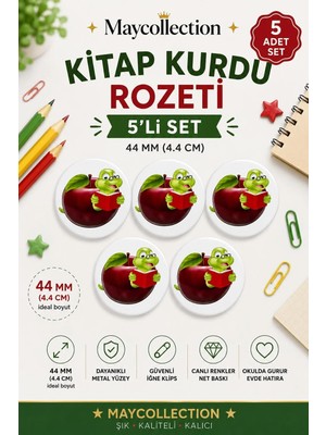 Kitap Kurdu Öğrenci Okul Rozet Seti Ceket-Çanta-Kalemlik Rozeti  (44MM) 5 Adet
