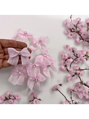 Light of Love Taş Detaylı Pembe Hazır Fiyonk - Keten Kurdele - 25 Adet (2.5cm)