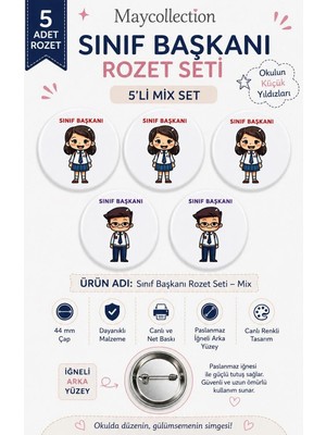 Sınıf Başkanı Kız-Erkek Mıx Öğrenci Okul Rozet Seti Ceket-Çanta-Kalemlik Rozeti  (44MM) 5 Adet