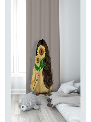 Frefly Store Pelangi Koyu Krem Ayçiçeği Tutan Kız Desenli Dijital Baskı Yıkanabilir Bebek Çocuk Odası Fon Perdesi, Koyu Krem 140 x 200